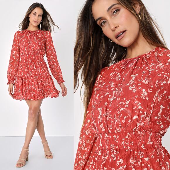 Lulus Too Cute Rust Red Floral Print Smocked Long Sleeve Mini Dress - Picture 2 of 9